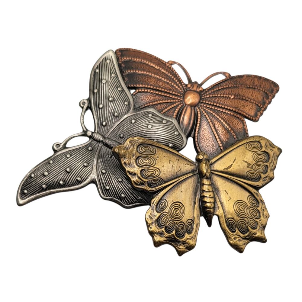 Vintage Triple Butterfly Brooch Mixed Metal Statement Pin